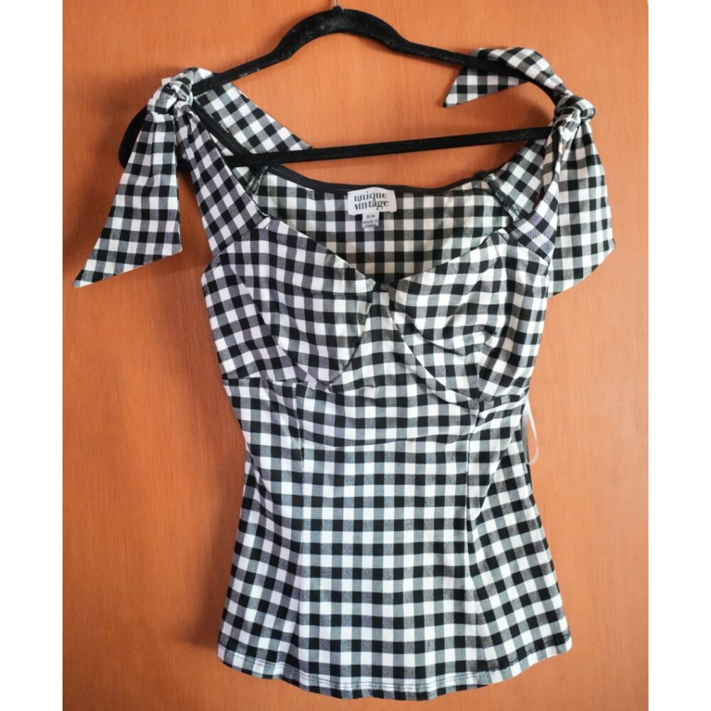 Unique Vintage Black & White Gingham Off Shoulder